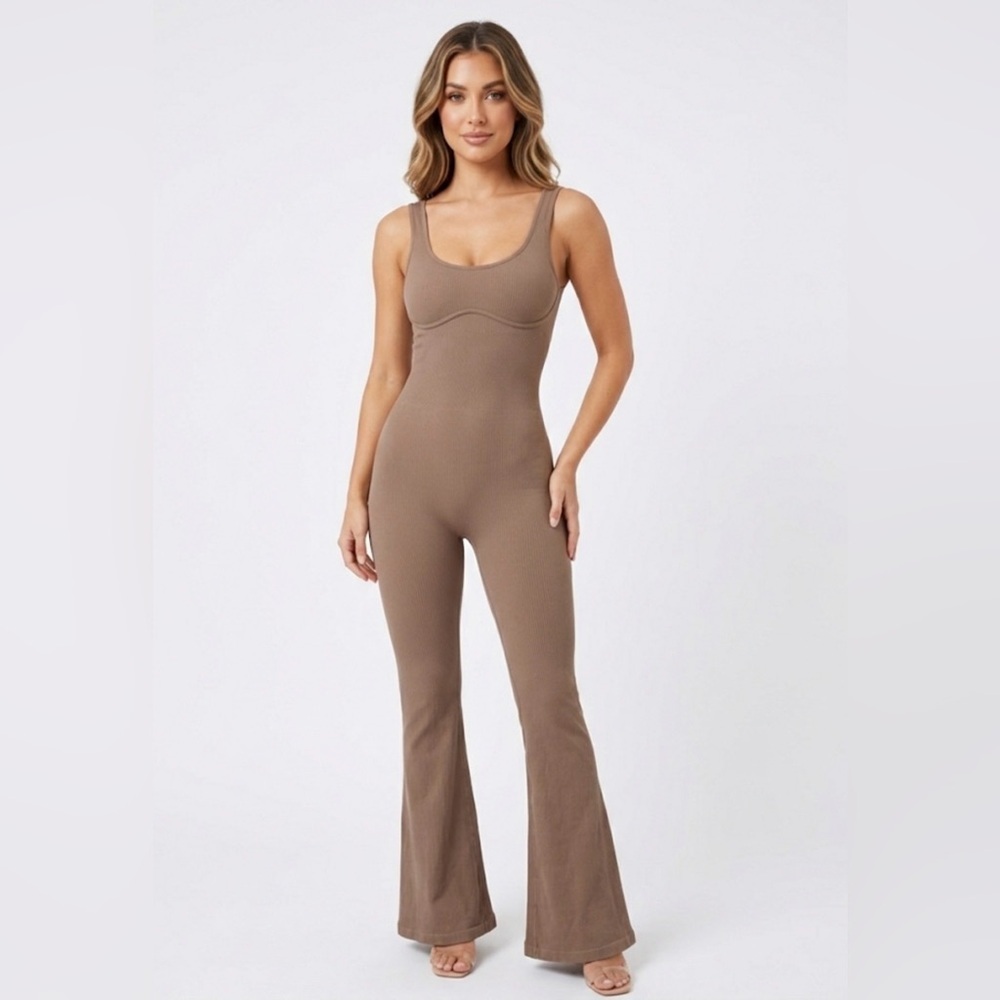 ANWND Seamless Ribbed Flare Jumpsuit - Tan/Cocoa